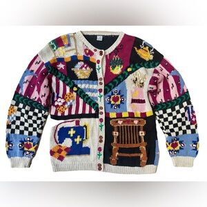 Vintage Hand knit Cardigan Sweater S Americana Patchwork Grannycore Cottgagecore